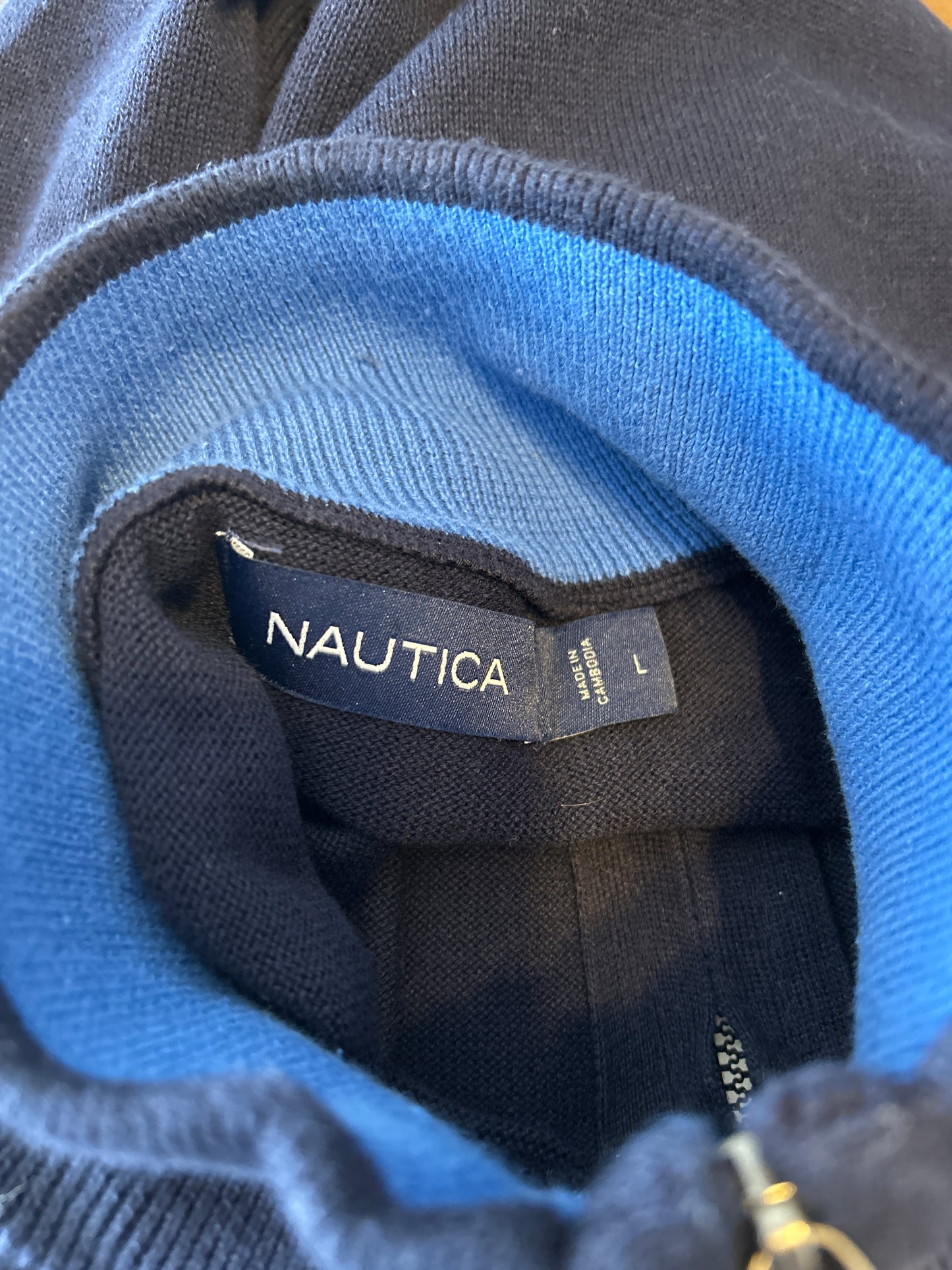 Nautica Blue Striped Quarter Zip Sweater L