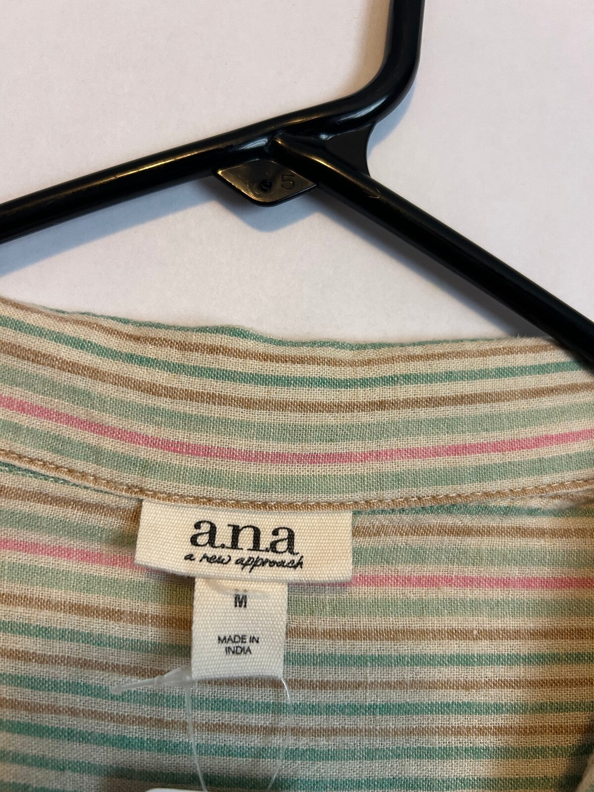 a.n.a Linen Blend Button Up Green and Light Pink Striped Shirt M