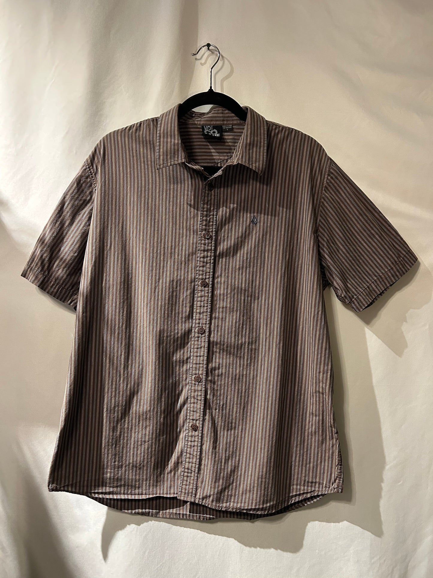 Volcom Brown and White Striped Button Up L