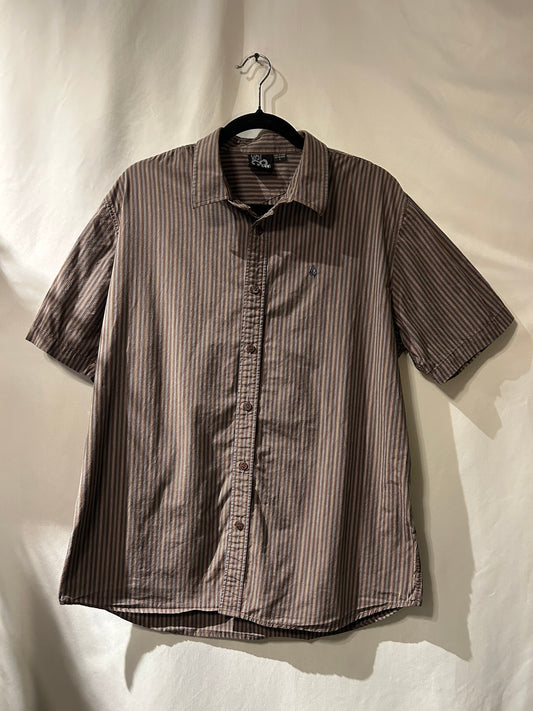 Volcom Brown and White Striped Button Up L