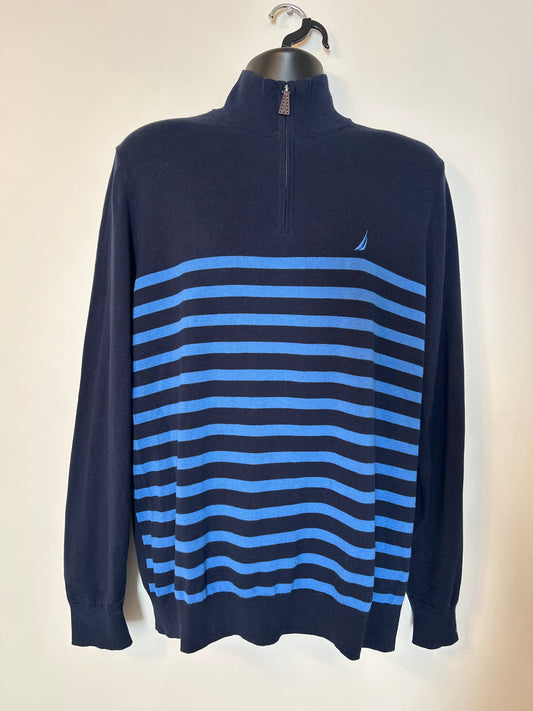 Nautica Blue Striped Quarter Zip Sweater L