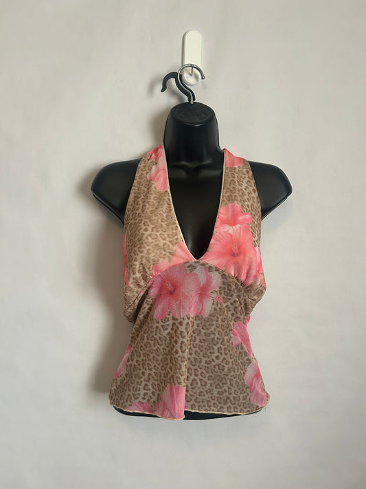 See You Monday Flower & Cheetah Print Halter Top M