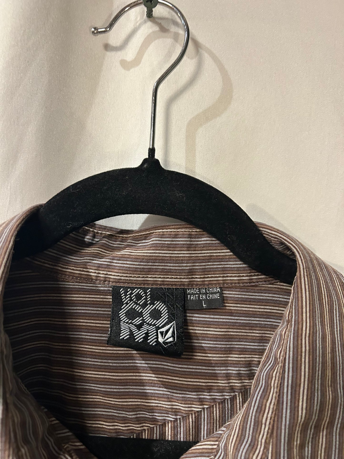 Volcom Brown and White Striped Button Up L