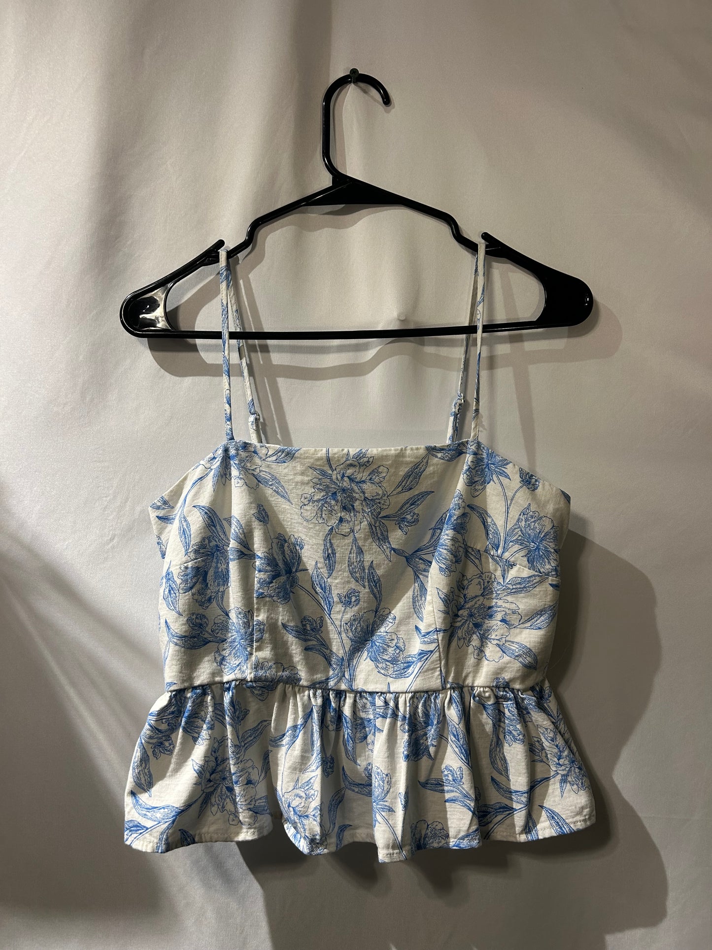 A New Day Blue & White Toile Botanical Flower Peplum Tank S
