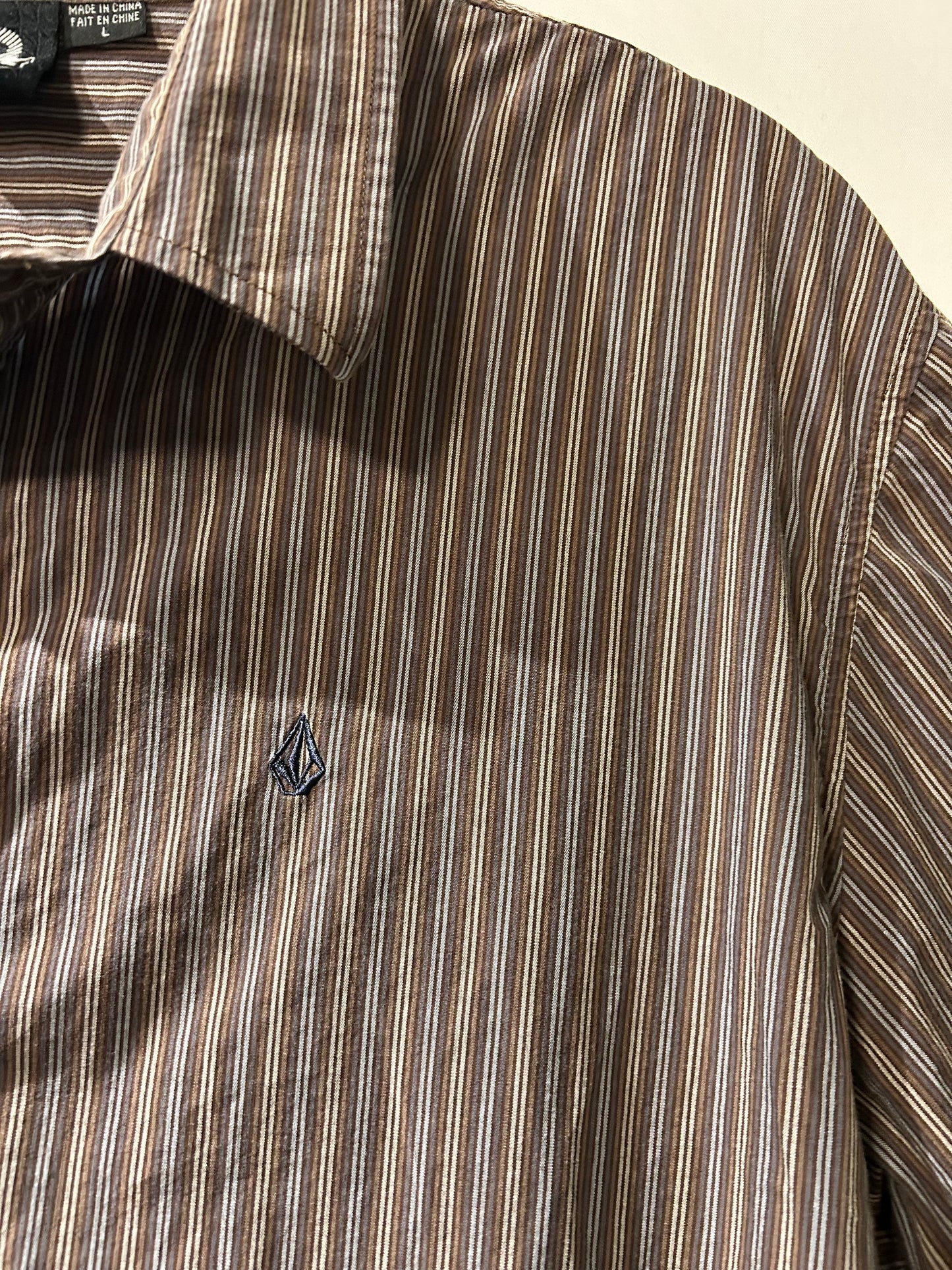 Volcom Brown and White Striped Button Up L