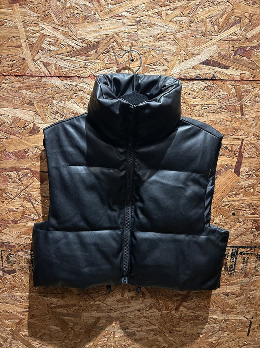 Faux Leather Black Puffer Vest L