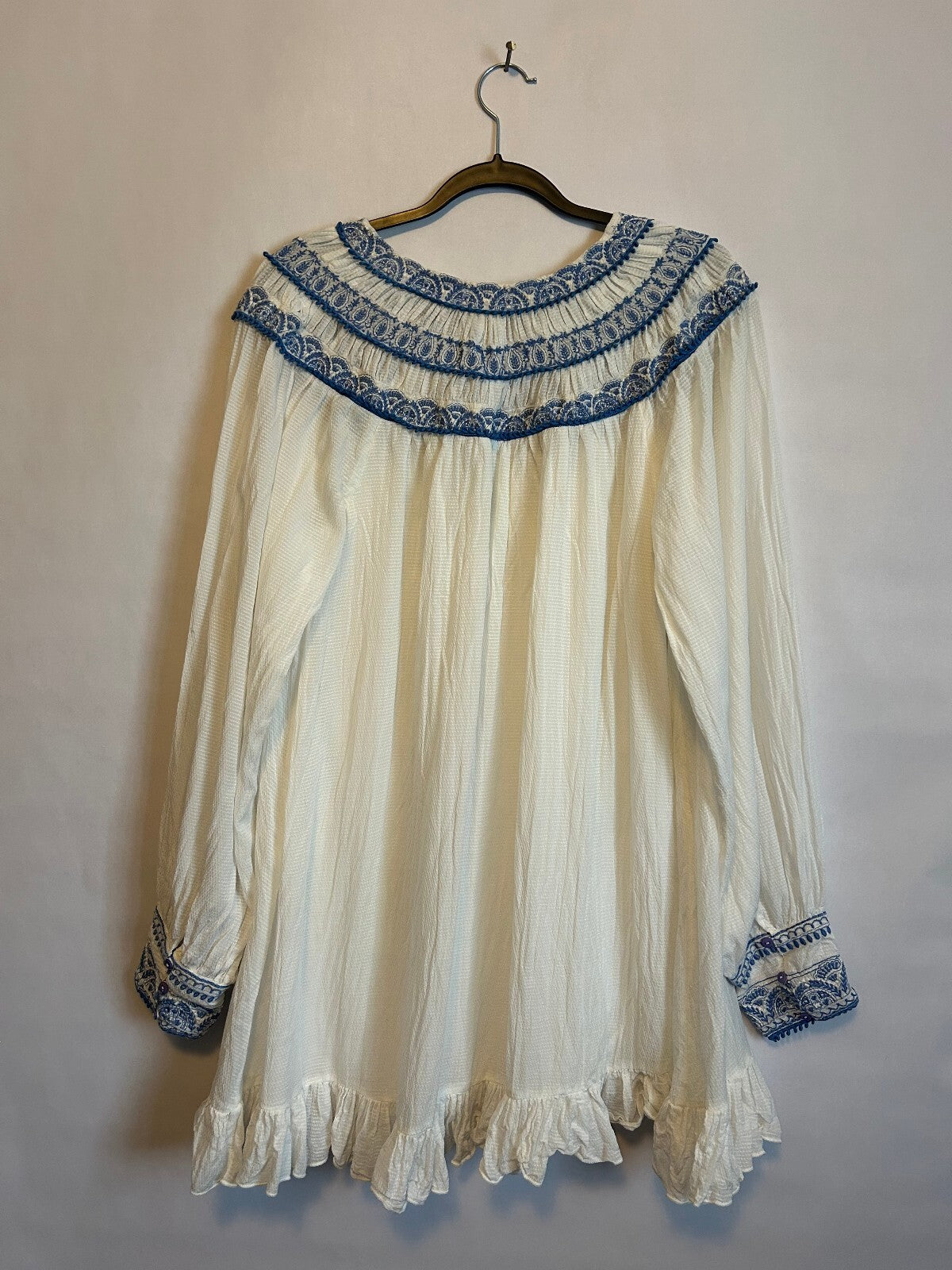 Free People "Erin" Embroidered Ivory/Blue Boho Mini Dress M