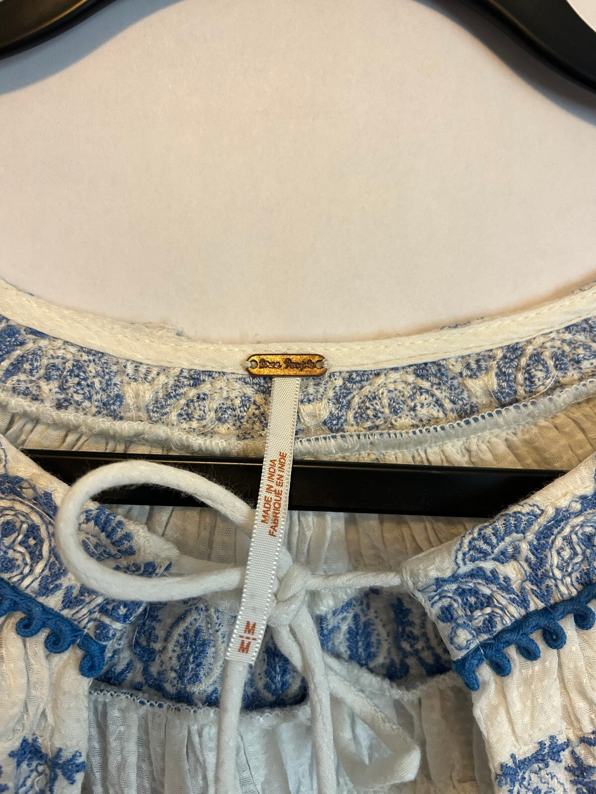 Free People "Erin" Embroidered Ivory/Blue Boho Mini Dress M