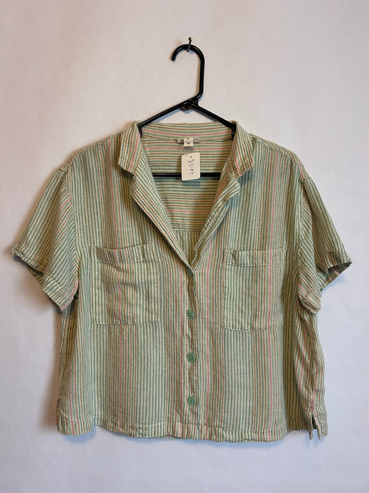a.n.a Linen Blend Button Up Green and Light Pink Striped Shirt M