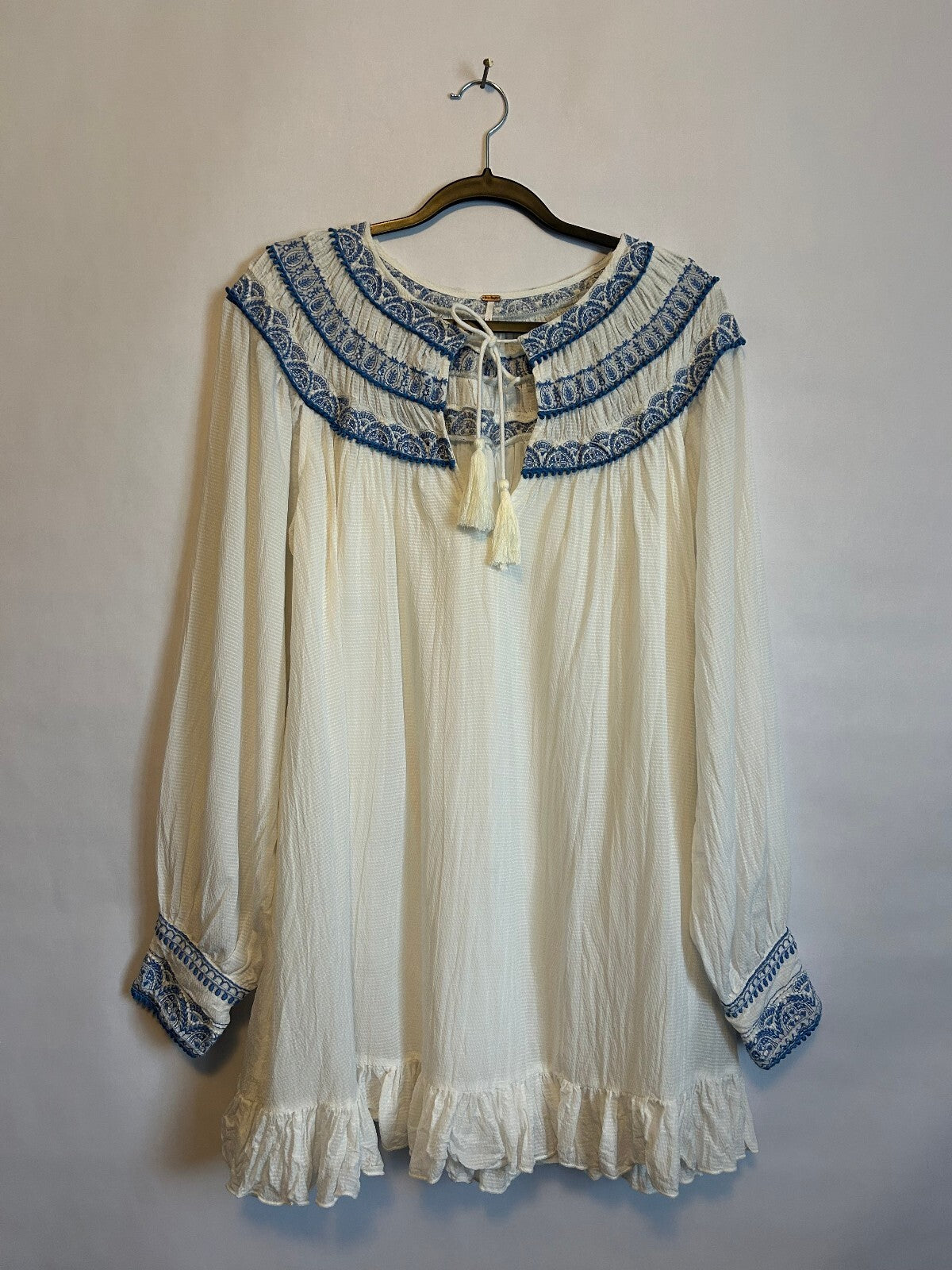 Free People "Erin" Embroidered Ivory/Blue Boho Mini Dress M
